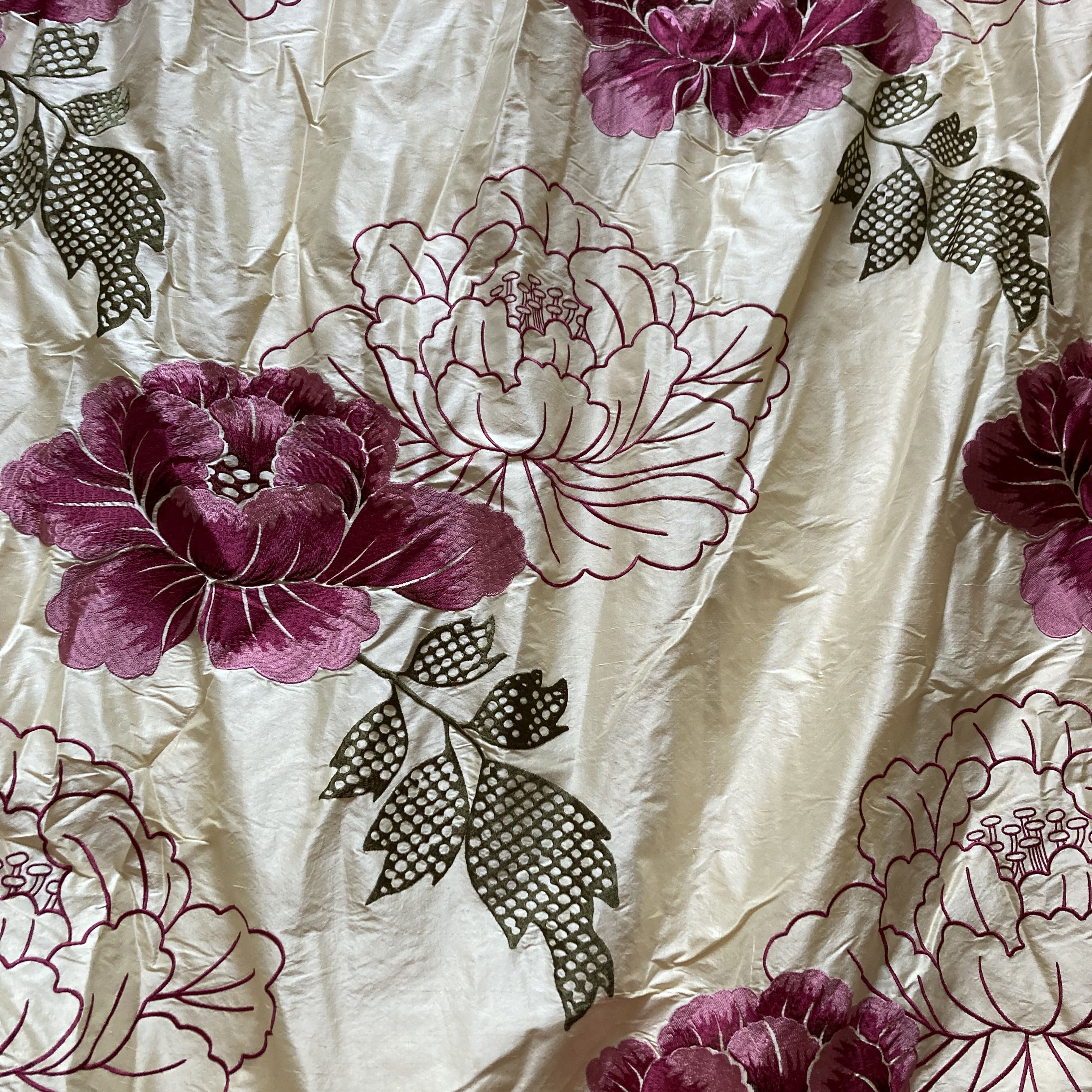 Cream Silk Curtains with Purple Floral Design Interlined and Lined ( Pair 2)