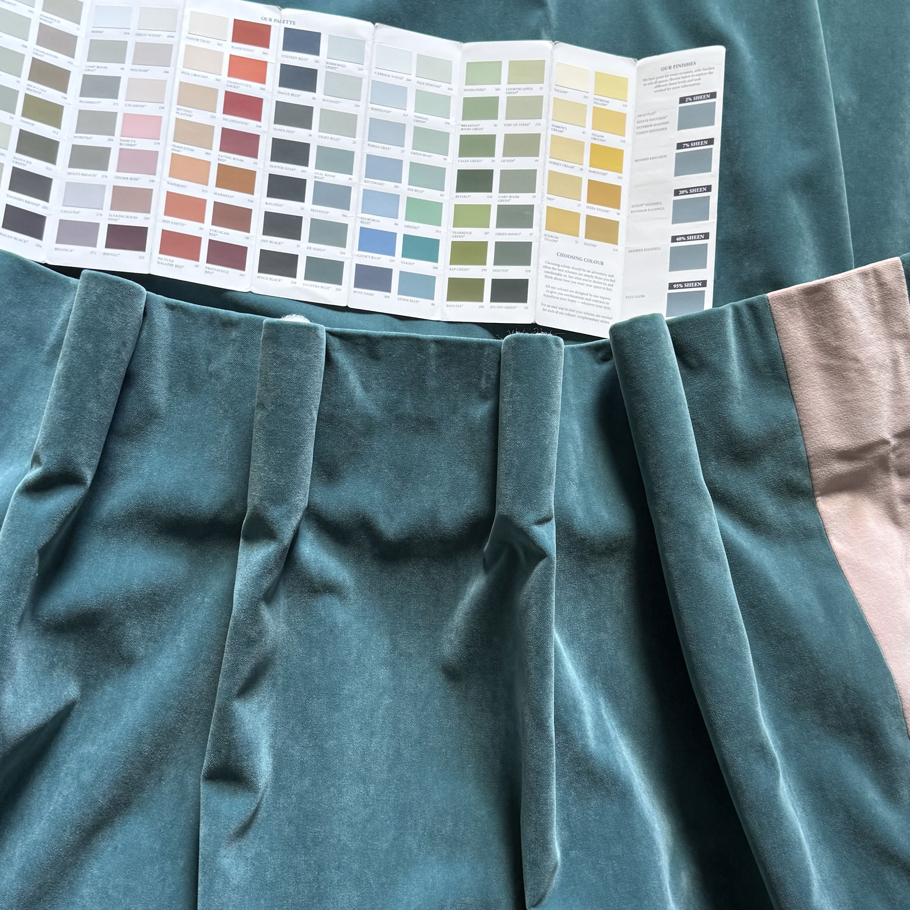 Stunning Teale Blue Velvet Curtains With Contrasting Pale Pink Border on Both Edges