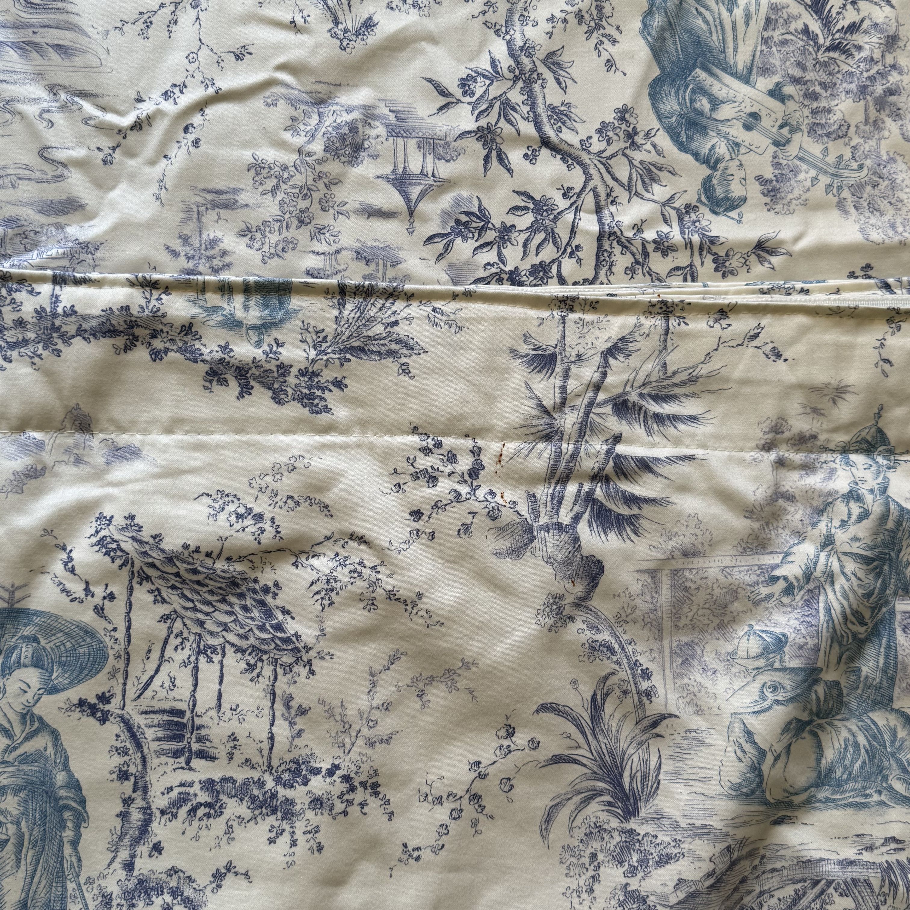 Toile De Joey Single Curtain With Blue Border on Leading Edge
