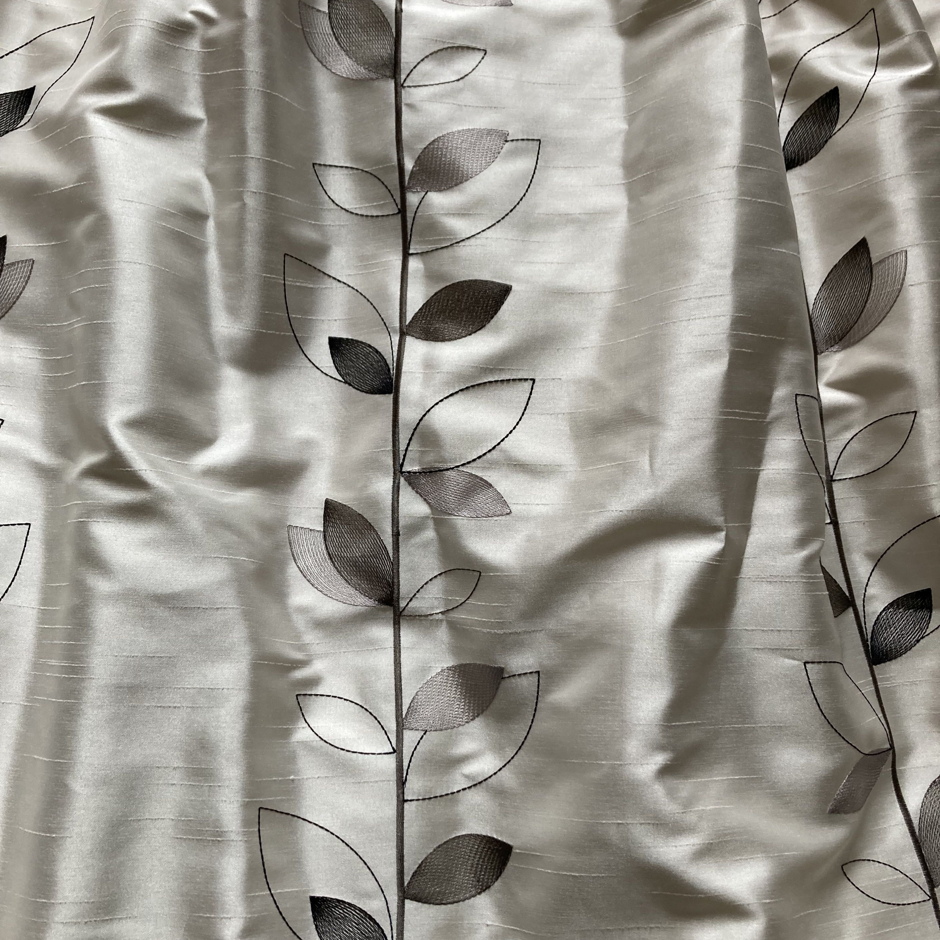 Silk Like Cream Curtains with Pretty Pewter Leaf Design 