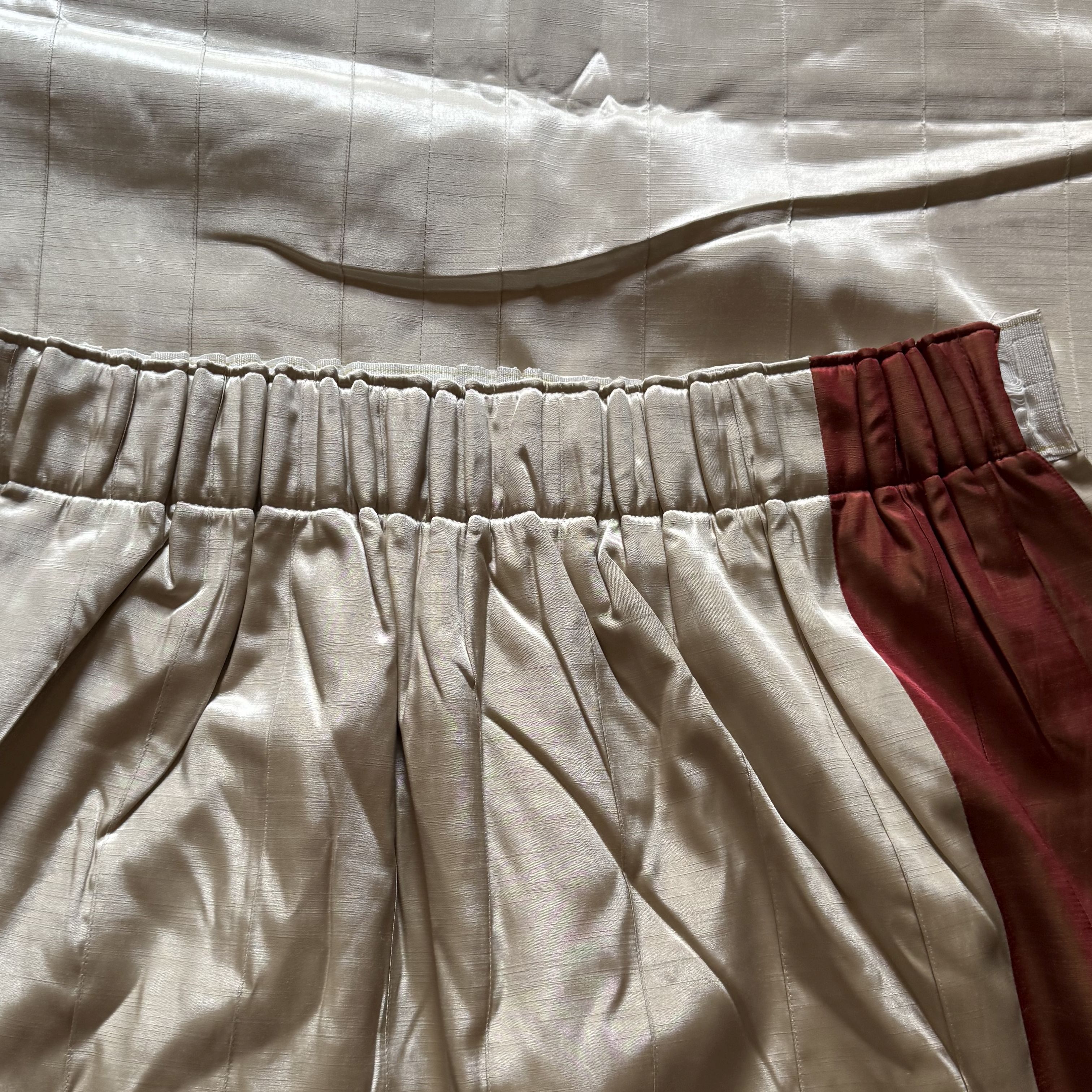 Oyster Satin Curtains with Burgundy Leading Edge