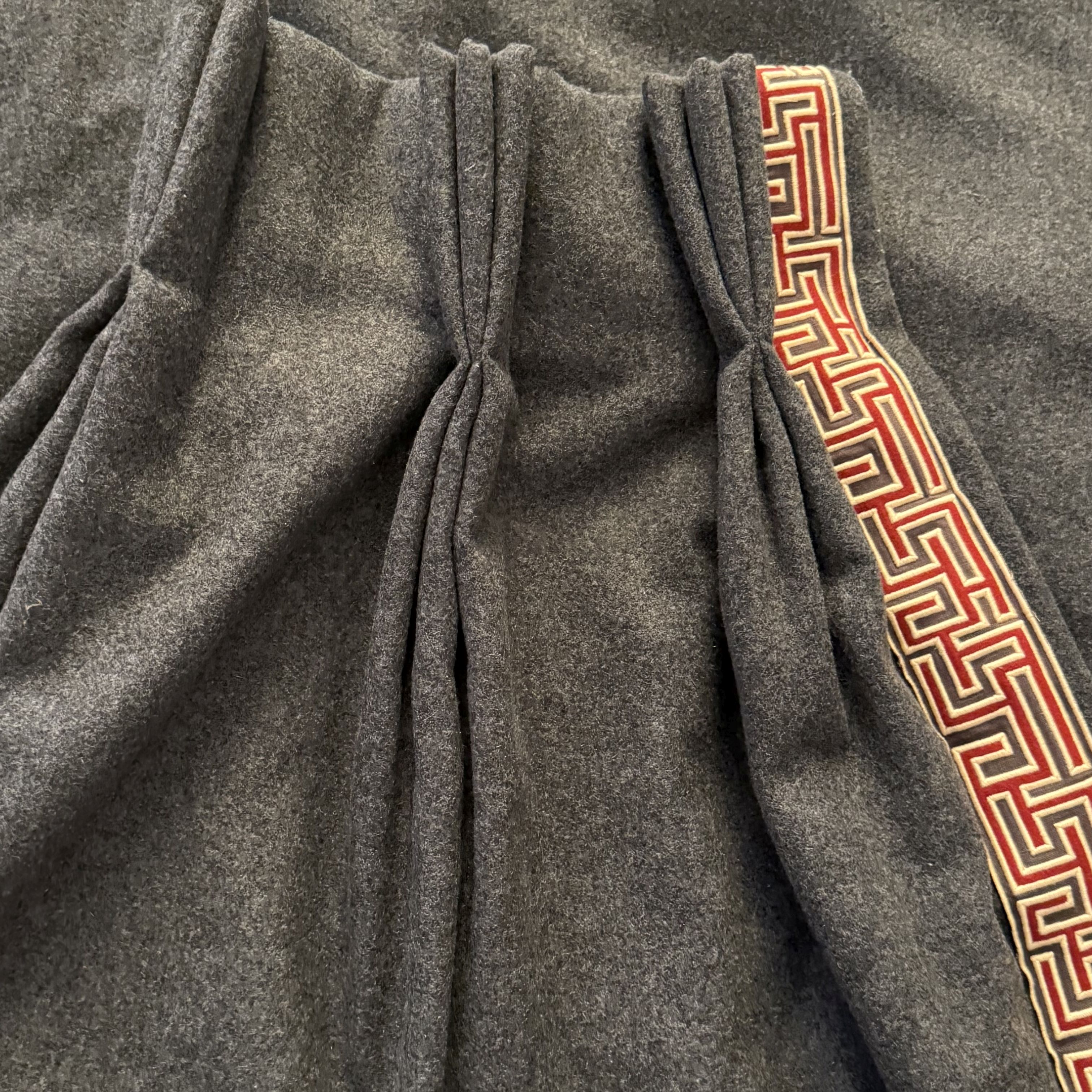 Gorgeous Charcoal Grey Wool Curtains with Geometric Edge Detail on Leading Edge and Bottom